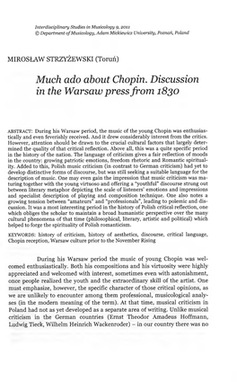 Much Ado About Chopin. Discussion in the Warsaw Press from 1830