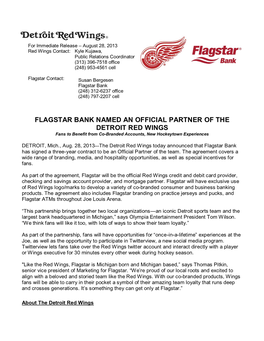 FLAGSTAR BANK NAMED an OFFICIAL PARTNER of the DETROIT RED WINGS Fans to Benefit from Co-Branded Accounts, New Hockeytown Experiences