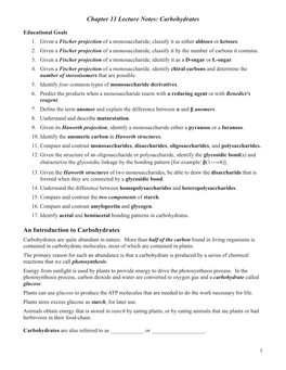 Chapter 11 Lecture Notes: Carbohydrates