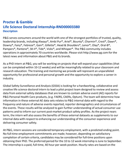 Procter & Gamble Life Science Doctoral Internship-RND00003380