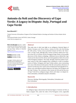 Antonio Da Noli and the Discovery of Cape Verde: a Legacy in Dispute: Italy, Portugal and Cape Verde