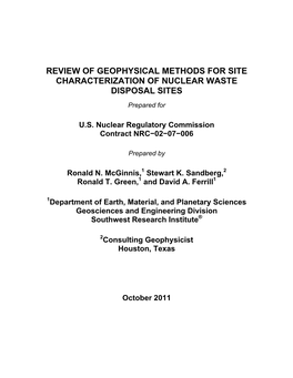 Review of Geophysical Methods for Site Characterization of Nuclear Waste Disposal Sites