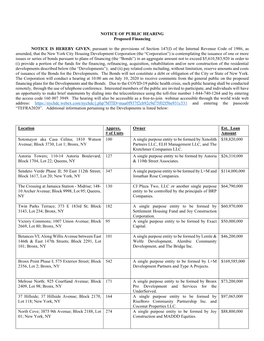 NOTICE of PUBLIC HEARING Proposed Financing