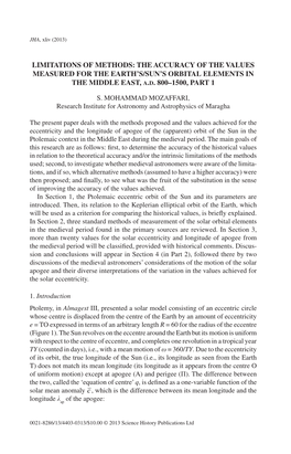 LIMITATIONS of METHODS: the ACCURACY of the VALUES MEASURED for the EARTH’S/SUN’S ORBITAL ELEMENTS in the MIDDLE EAST, A.D