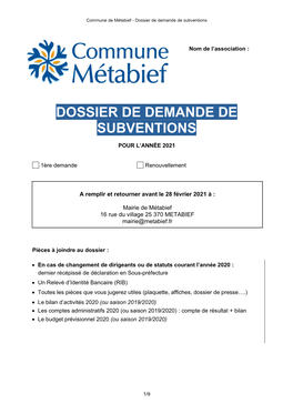 Dossier De Demande De Subventions