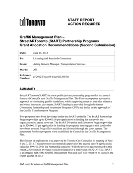 Graffiti Management Plan – Streetartoronto (Start) Partnership Programs Grant Allocation Recommendations (Second Submission)