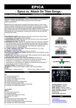 Epica Vs. Attack on Titan Songs - Genre: Symphonic Metal Limitertes CD-DIGI, LP VÖ: 20.07.2018