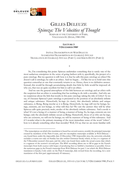 GILLES DELEUZE Spinoza: the Velocities of Thought SEMINAR at the UNIVERSITY of PARIS, VINCENNES-ST