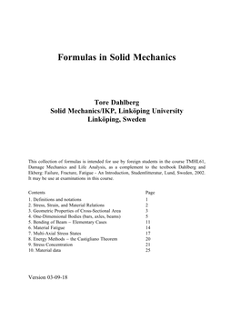 Formulas in Solid Mechanics