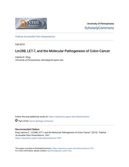 Lin28b, LET-7, and the Molecular Pathogenesis of Colon Cancer