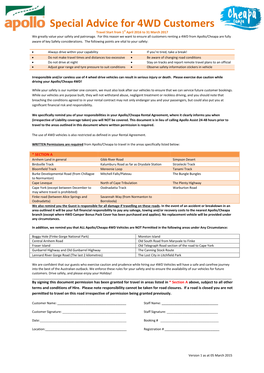Special Advice for 4WD Customers Travel Start from 1St April 2016 to 31 March 2017 We Greatly Value Your Safety and Patronage