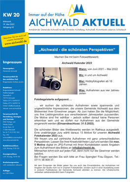 Amtsblatt Der Gemeinde Aichwald Mit Den Ortsteilen Aichelberg, Aichschieß, Krummhardt, Lobenrot, Schanbach