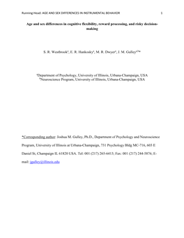 Age and Sex Differences in Cognitive Flexibility, Reward Processing, and Risky Decision- Making