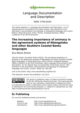 The Increasing Importance of Animacy in the Agreement Systems of Ndengeleko and Other Southern Coastal Bantu Languages