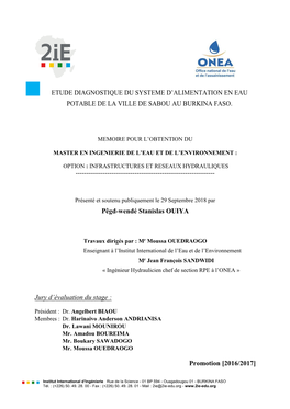 Etude Diagnostique Du Réseau D'approvisionnement En Eau