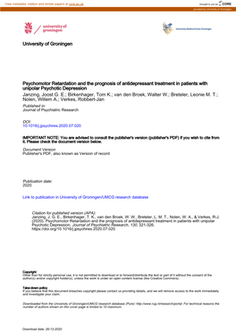 Psychomotor Retardation and the Prognosis of Antidepressant Treatment in Patients with Unipolar Psychotic Depression Janzing, Joost G