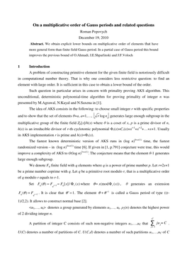 On a Multiplicative Order of Gauss Periods and Related Questions Roman Popovych December 19, 2010 Abstract