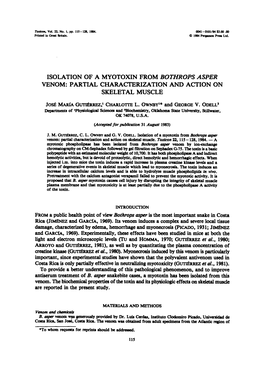 Isolation of a Myotoxin from Bothrops Asper Venom: Partial Characterization and Action on Skeletal Muscle