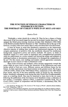 The Function of Female Characters in . Steinbeck's Fiction: the Portrait of Curley's Wife in of Mice and Men