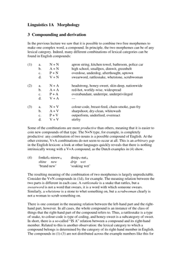 Linguistics 1A Morphology 3 Compounding and Derivation