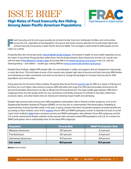 ISSUE BRIEF High Rates of Food Insecurity Are Hiding Among Asian Pacific American Populations