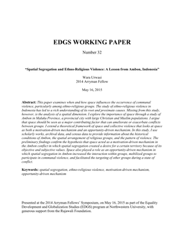 Spatial Segregation and Ethno-Religious Violence: a Lesson from Ambon, Indonesia”