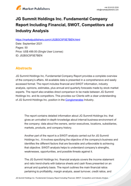 JG Summit Holdings Inc. Fundamental Company Report Including Financial, SWOT, Competitors and Industry Analysis