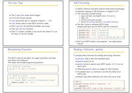 The Char Type ASCII Encoding Manipulating Characters Reading A