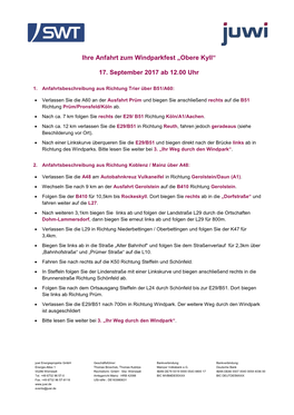 Ihre Anfahrt Zum Windparkfest „Obere Kyll“ 17. September 2017 Ab 12.00