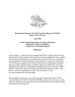 Management Summary for North Carolina Shipwreck 31CR314, Queen Anne's Revenge