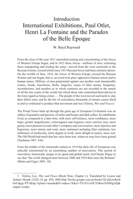 International Exhibitions, Paul Otlet, Henri La Fontaine and the Paradox of the Belle Époque W