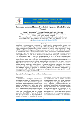 Serological Analyses of Human Brucellosis in Ngara and Kibondo Districts, Tanzania