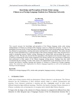 Knowledge and Perception of Stroke Order Among Chinese-As-A-Foreign Language Students in a Malaysian University