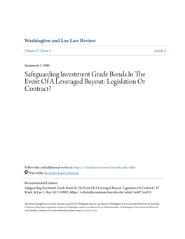 Safeguarding Investment Grade Bonds in the Event of a Leveraged Buyout: Legislation Or Contract?