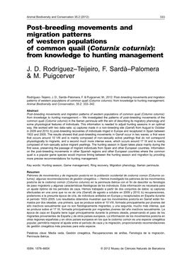 Post–Breeding Movements and Migration Patterns of Western Populations of Common Quail (Coturnix Coturnix): from Knowledge to Hunting Management