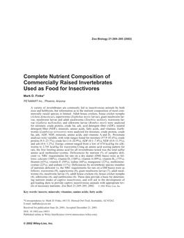 Complete Nutrient Composition of Commercially Raised Invertebrates Used As Food for Insectivores