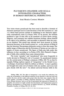 Plutarch's Lysander and Sulla: Integrated Characters in Roman Historical Perspective