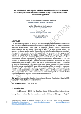 The Brumadinho Dam Rupture Disaster in Minas Gerais (Brazil) and the Productivity: Regional Economic Impacts Using a Computable General Equilibrium Approach