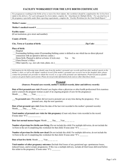 Facility Worksheet for the Live Birth Certificate