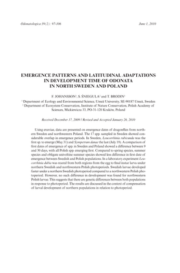 Emergence Patterns and Latitudinal Adaptations in Development Time of Odonata in North Sweden and Poland