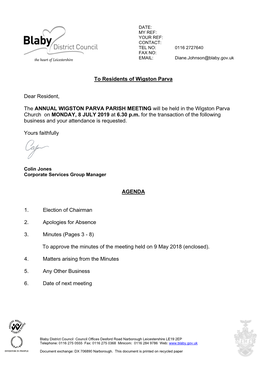 (Public Pack)Agenda Document for Wigston Parva Parish Meeting, 08