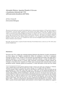 Alexandre Deleyre, Agostino Paradisi Il Giovane E La Polemica Letteraria Del 1765 Sulla (Presunta) Decadenza Dell’Italia