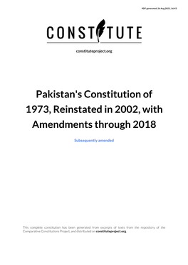 Pakistan's Constitution of 1973, Reinstated in 2002, with Amendments Through 2018