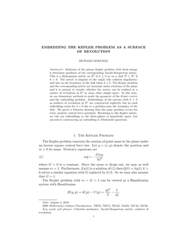 Embedding the Kepler Problem As a Surface of Revolution