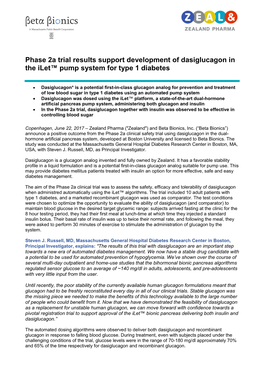 Phase 2A Trial Results Support Development of Dasiglucagon in the Ilet™ Pump System for Type 1 Diabetes