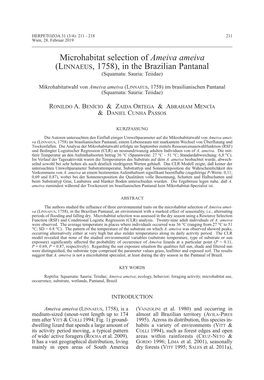 Microhabitat Selection of Ameiva Ameiva (Linnaeus , 1758), in the Brazilian Pantanal (Squamata: Sauria: Teiidae)