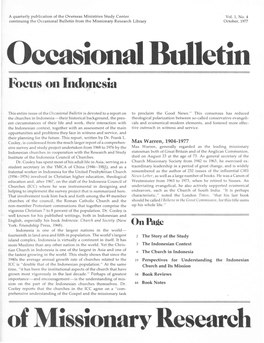 Of Missionary Research the Grolving ··Seed a Descriptive and Analytical Survey of the Church in Indonesia Frank L