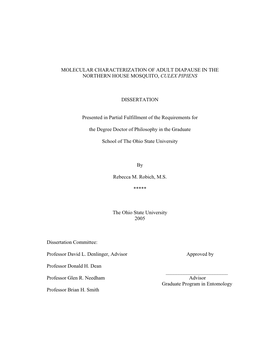 Molecular Characterization of Adult Diapause in the Northern House Mosquito, Culex Pipiens