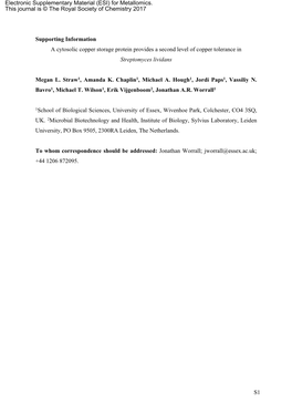 Supporting Information a Cytosolic Copper Storage Protein Provides a Second Level of Copper Tolerance in Streptomyces Lividans