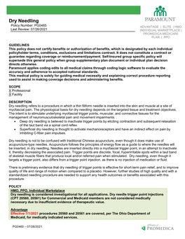 Dry Needling Policy Number: PG0465 ADVANTAGE | ELITE | HMO Last Review: 07/26/2021